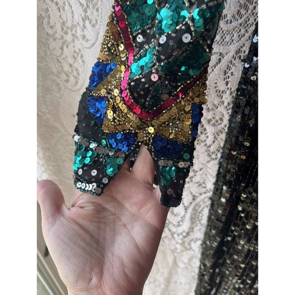 Oleg Cassini Black Tie Black Vintage 100% Silk Beaded Sequined 80s 90s Dress 10 - Picture 5 of 11